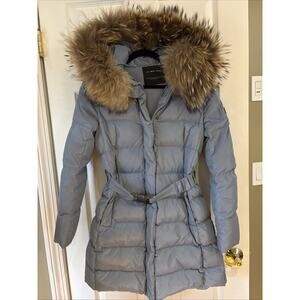Jones NY Women's blue Fox Fur Trim Hooded Down Parka/Puffer Coat belted sz S
